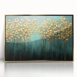 Golden Trees on Teal – Modern Large Wall Art for Living Room
