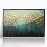Golden Trees on Teal – Modern Large Wall Art for Living Room