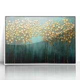 Golden Trees on Teal – Modern Large Wall Art for Living Room