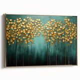 Golden Trees on Teal – Modern Large Wall Art for Living Room