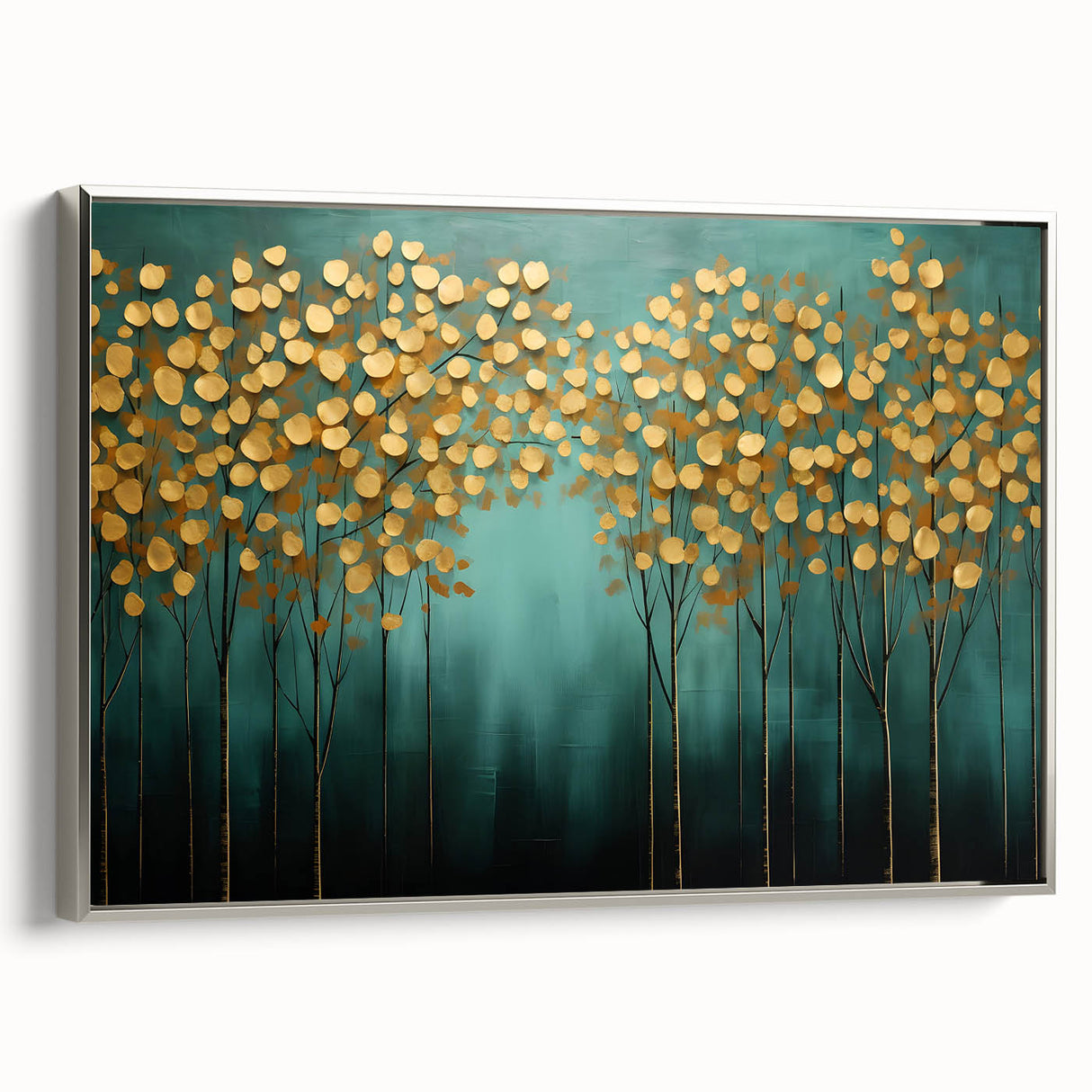 Golden Trees on Teal – Modern Large Wall Art for Living Room