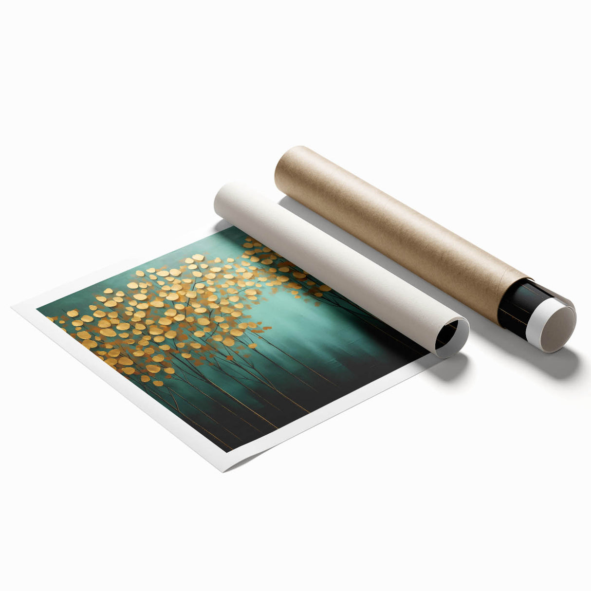 Golden Trees on Teal – Modern Large Wall Art for Living Room