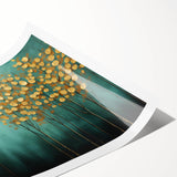 Golden Trees on Teal – Modern Large Wall Art for Living Room