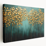 Golden Trees on Teal – Modern Large Wall Art for Living Room