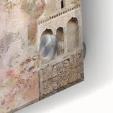 Close-up of abstract architectural wall art on acrylic glass, showcasing intricate geometric patterns in vibrant colors, ideal for modern interior decor.