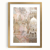 Abstract architectural wall art framed in gold, showcasing geometric shapes and vibrant colors, perfect for modern home decor. Features a sleek mat for added elegance.