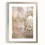 Abstract architectural wall art framed in silver, showcasing geometric shapes and vibrant colors, perfect for modern home decor, enhancing contemporary interiors.