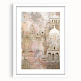 Abstract architectural wall art framed with a white mat, showcasing geometric shapes and muted colors, perfect for modern home decor. Ideal for enhancing living spaces with contemporary design elements.