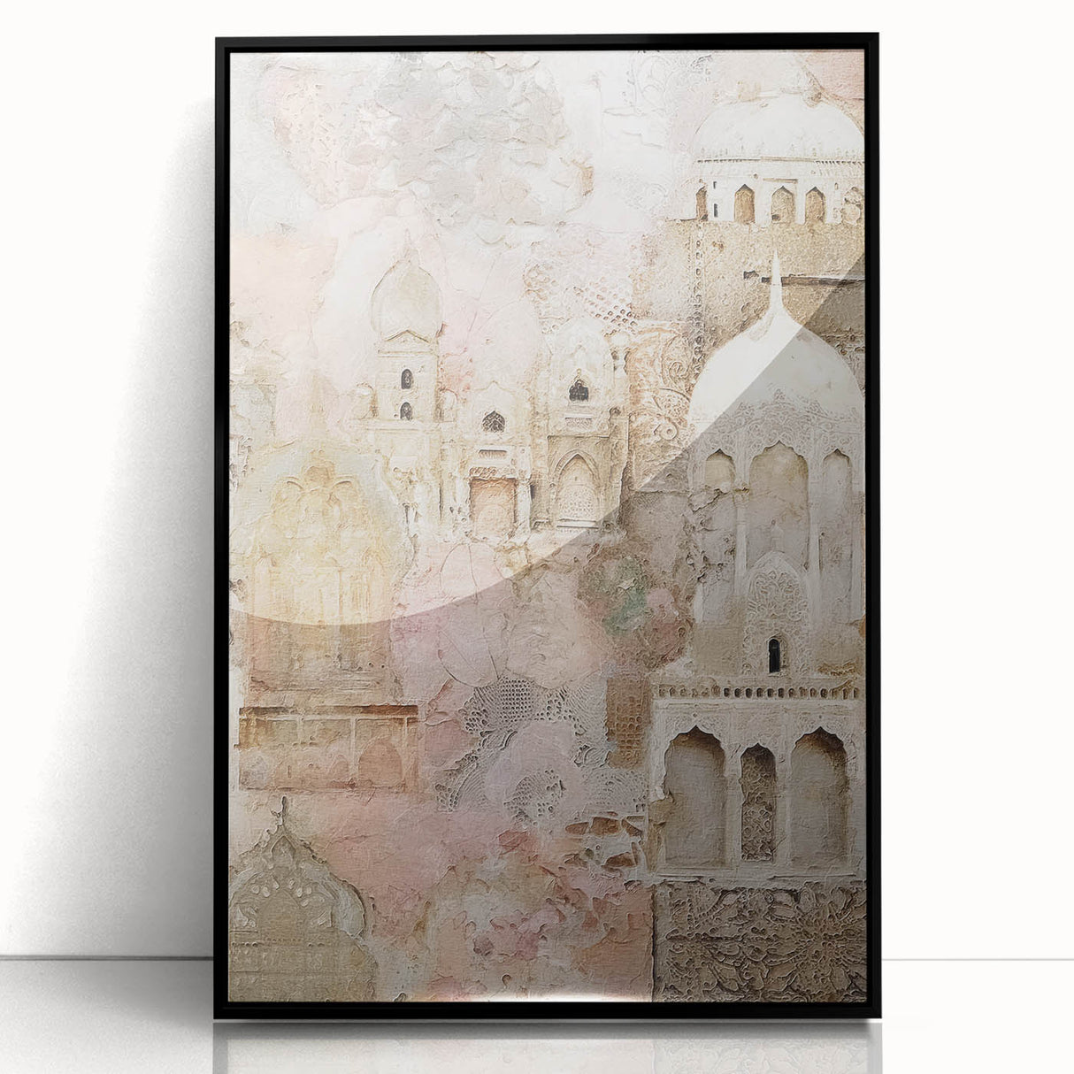 Framed abstract architecture wall art with a sleek black frame, showcasing geometric shapes in a modern design, perfect for contemporary home decor.