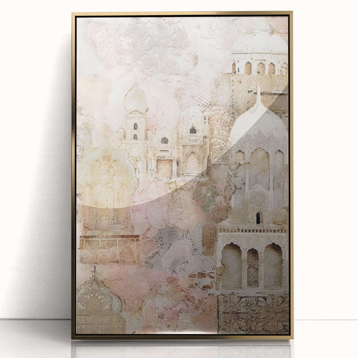 Framed acrylic wall art depicting an abstract architectural design with gold accents, showcased in a sleek front view, perfect for modern home decor.