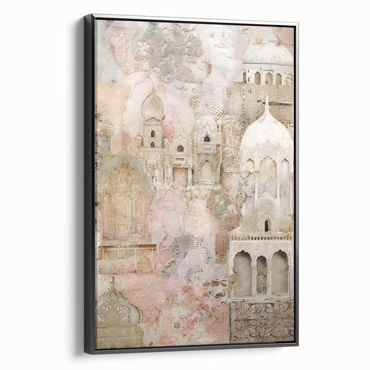 Framed abstract architecture wall art showcasing geometric patterns in black, displayed from a side view, perfect for modern interior decor.