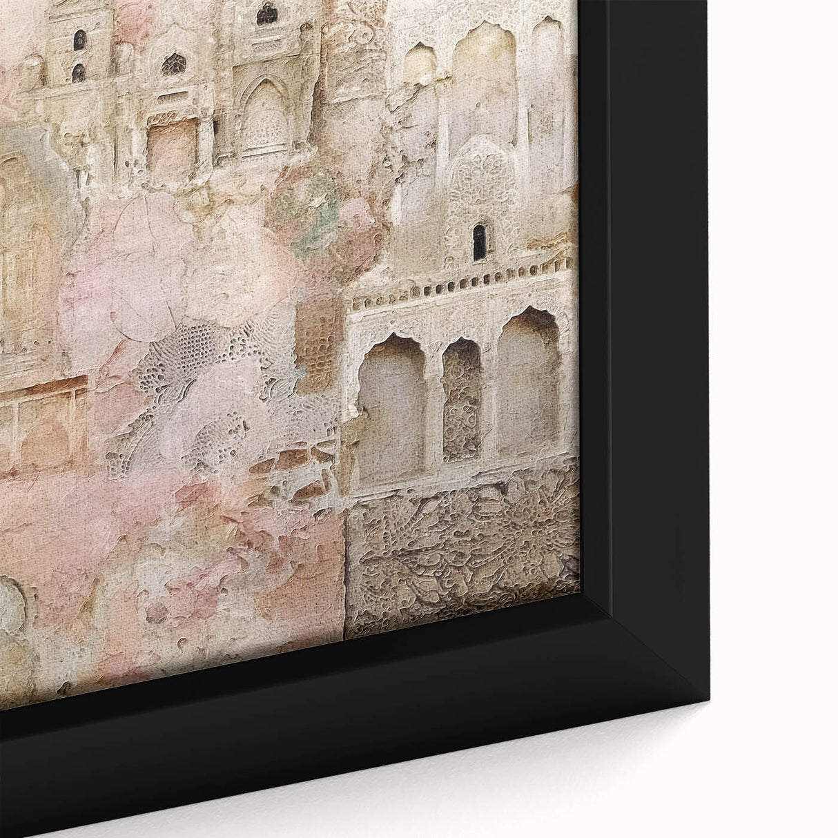 Abstract architectural wall art featuring a close-up view of intricate geometric patterns in vibrant colors, elegantly framed and suitable for modern decor. The piece showcases a blend of contemporary design and artistic expression, perfect for enhancing living spaces.