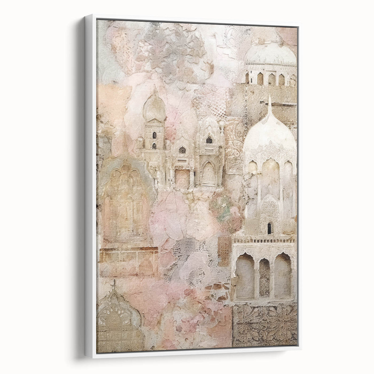 Framed abstract architecture wall art in a sleek white frame, showcasing geometric designs and muted colors, ideal for modern home decor.