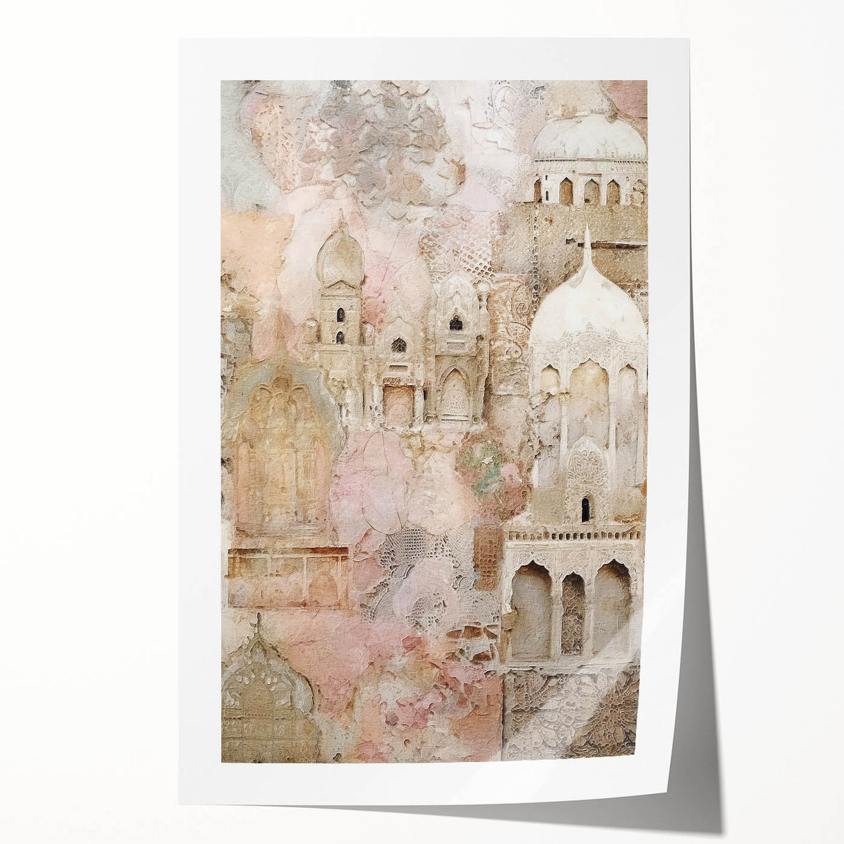 Abstract architectural wall art print showcasing geometric shapes in vibrant colors, rolled and ready for display, emphasizing modern design aesthetics.