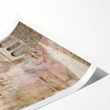 Abstract architectural wall art print featuring dynamic geometric shapes in shades of blue and gray, rolled and ready for display or framing, showcasing modern design aesthetics.