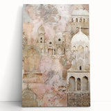 Abstract architectural wall art on stretched canvas, showcasing dynamic geometric shapes in shades of blue, gray, and white, ideal for modern home decor.