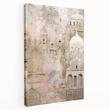 Abstract architecture wall art canvas featuring a dynamic design with geometric shapes and vibrant colors, ideal for modern home decor. The piece is stretched, showcasing a side view that highlights its textured finish, perfect for adding a contemporary touch to any space.