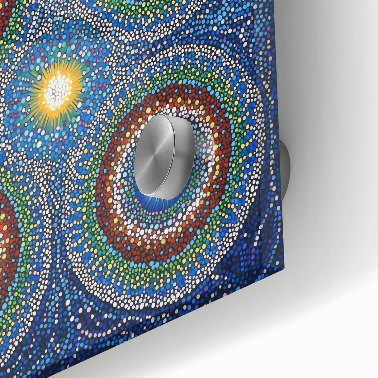 Close-up of an abstract geometric acrylic glass artwork showcasing vibrant colors and sharp angles, ideal for modern home decor and artistic displays.