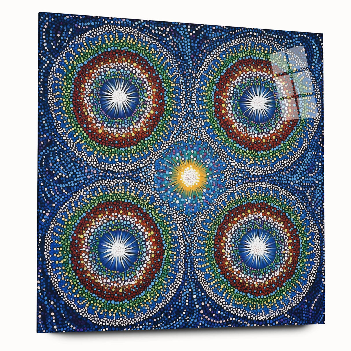 Abstract geometric acrylic glass artwork showcasing a vibrant color palette, featuring sharp angles and layered shapes. The side view emphasizes the artwork's modern design, making it suitable for contemporary home decor.