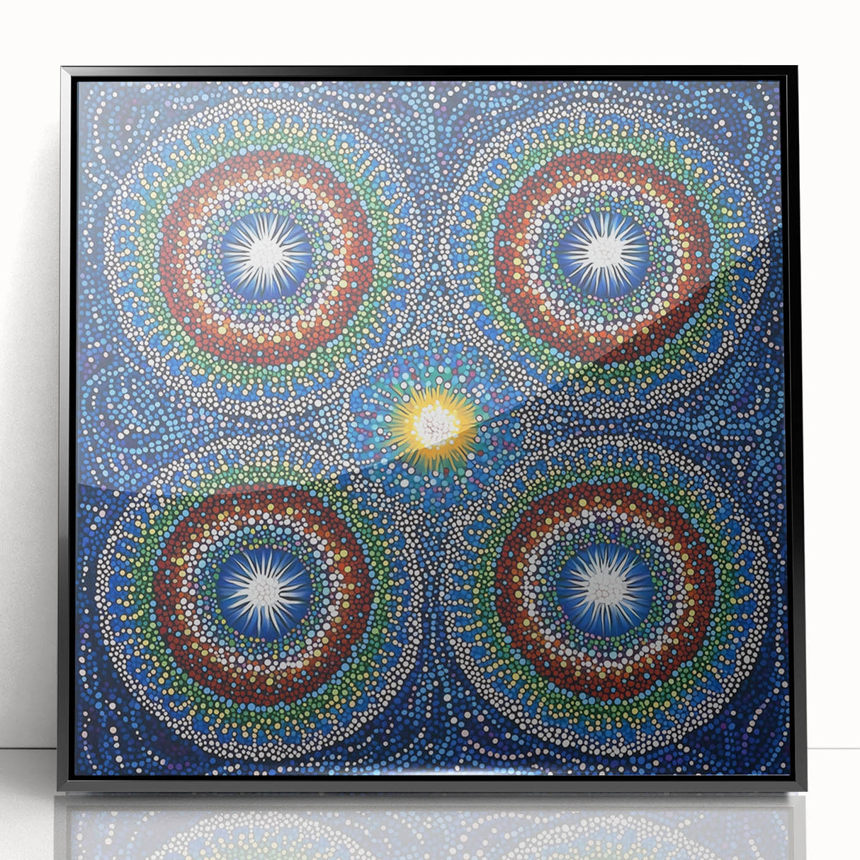Framed abstract geometric art piece in black acrylic, showcasing intricate shapes and patterns, perfect for modern decor and interior design enhancement.