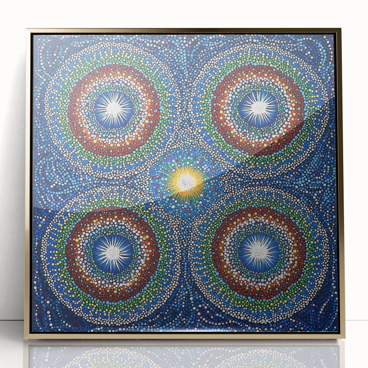 Framed acrylic artwork showcasing a modern abstract geometric design in gold tones, perfect for contemporary home decor. The sleek frame enhances its elegant look.