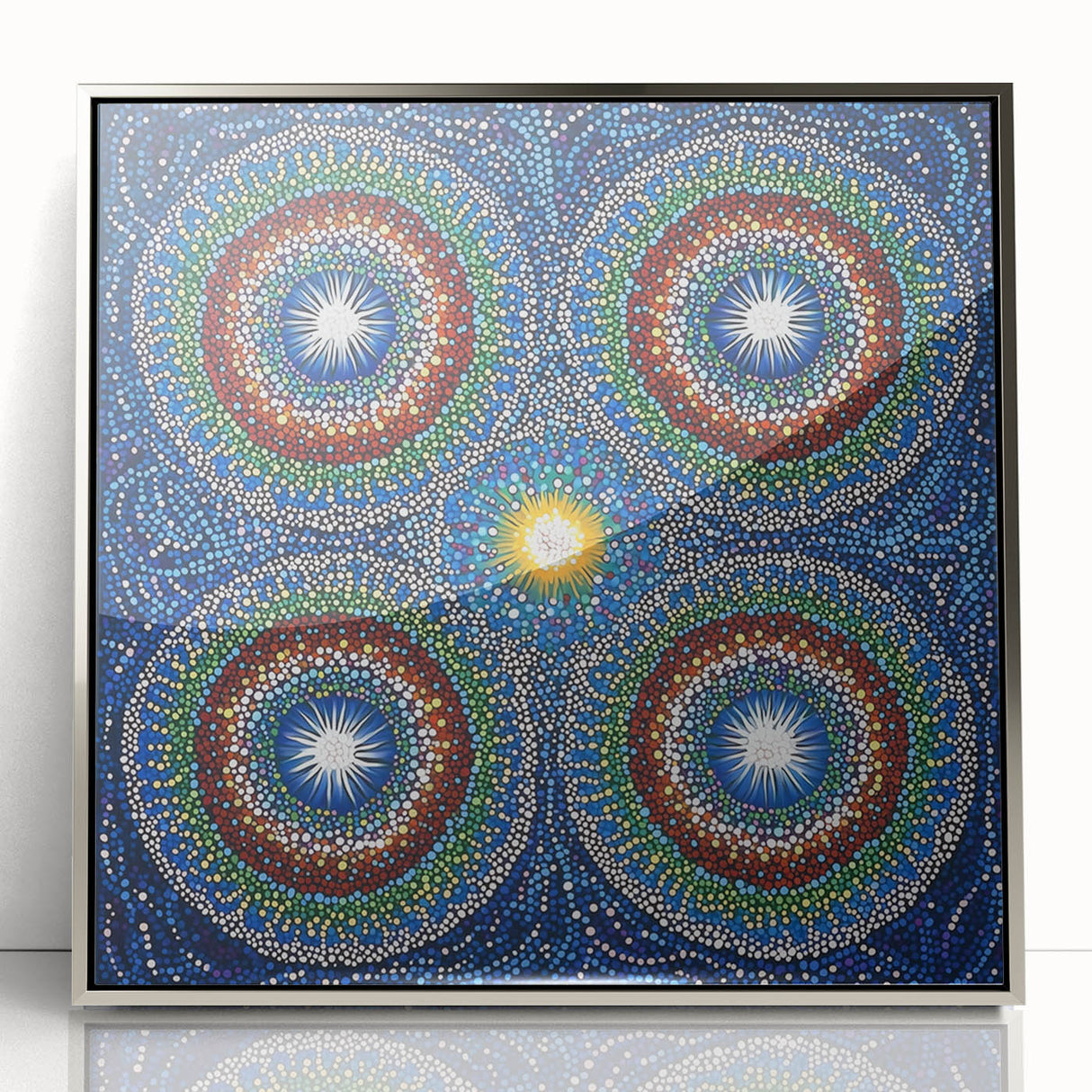 Framed abstract geometric art piece in silver acrylic, showcasing intricate designs and modern aesthetics, perfect for contemporary home decor.