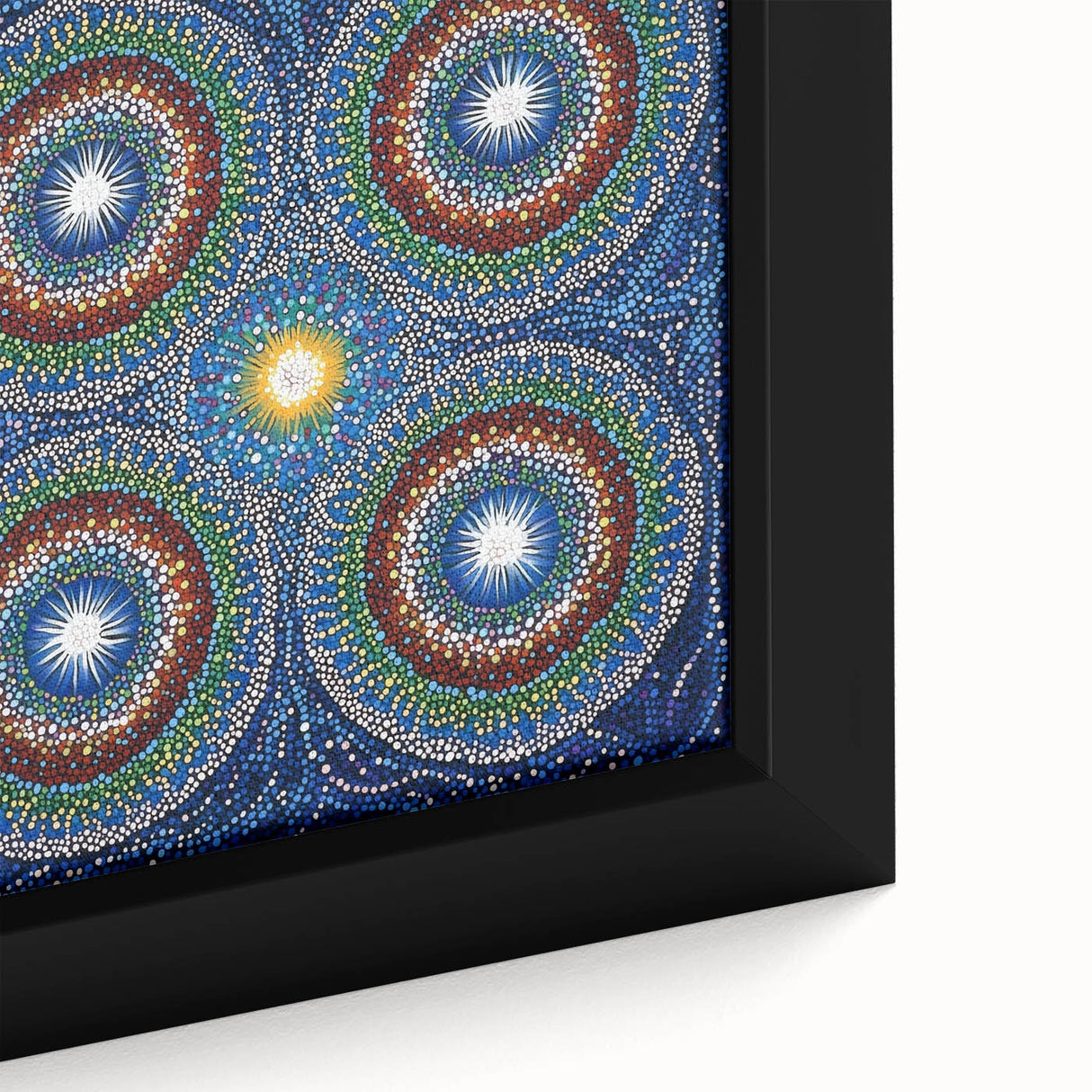 Close-up view of an abstract geometric framed canvas artwork showcasing vibrant blue and orange shapes, perfect for modern home decor and artistic interiors.