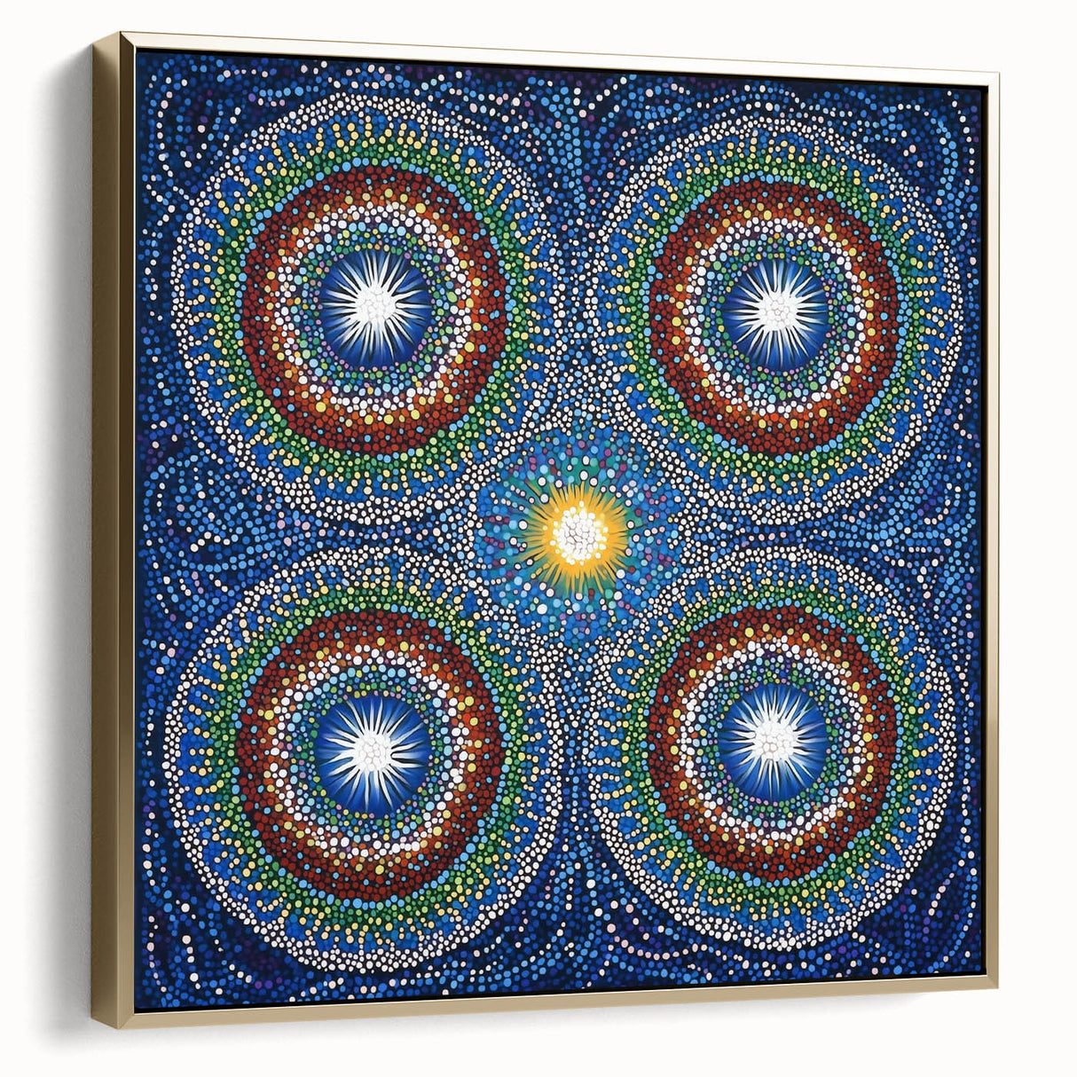 Framed abstract geometric canvas art in silver and gold hues, showcasing modern design elements. Ideal for contemporary home decor, adding elegance to any space.