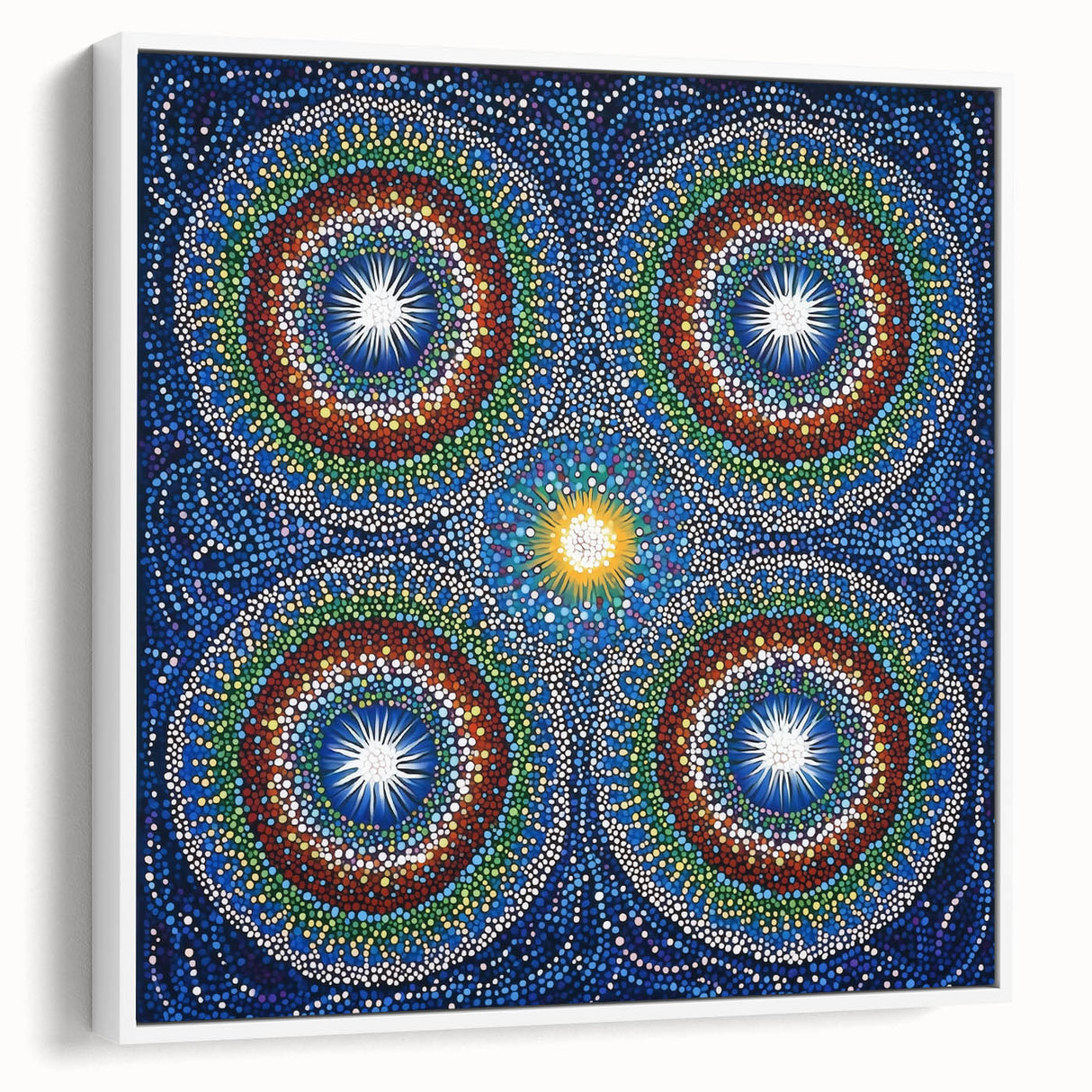 Abstract geometric framed canvas artwork in white, showcasing modern design with sharp angles and intricate patterns, ideal for contemporary home decor.