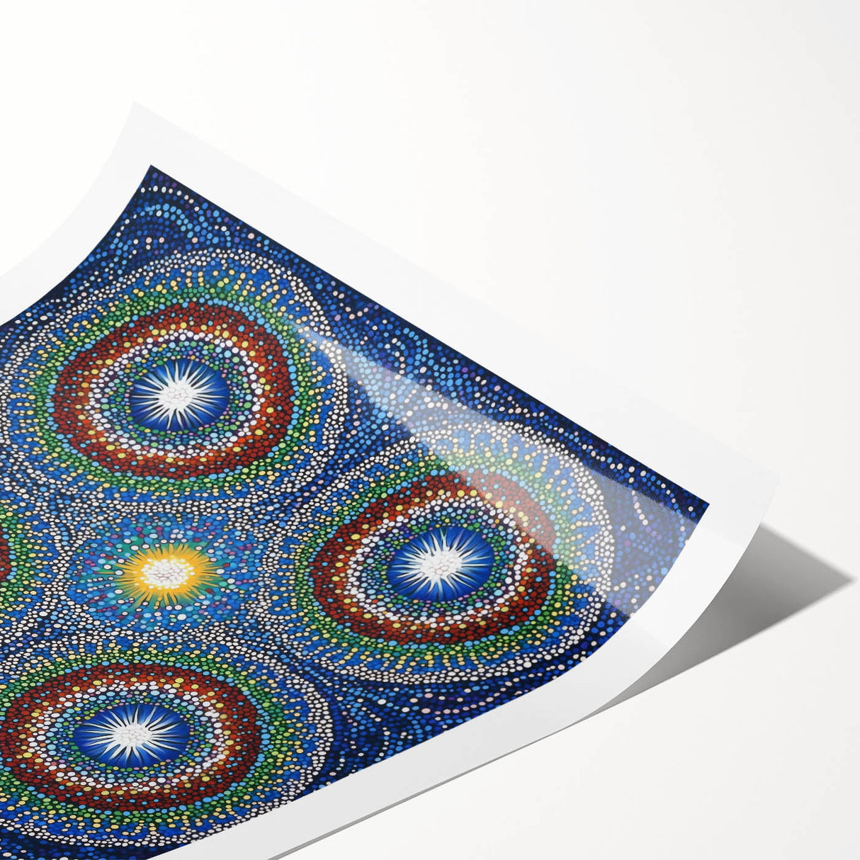 Abstract geometric rolled print showcasing vibrant blue, orange, and yellow hues with intricate shapes, elegantly packaged in a protective tube for easy display.