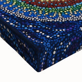 Close-up view of an abstract geometric stretched canvas artwork showcasing vibrant colors and intricate patterns, ideal for modern home decor or art enthusiasts.