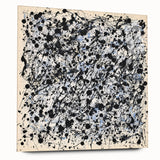 Abstract acrylic glass artwork showcasing vibrant splatter designs in a side view, highlighting its glossy finish and unique color combinations, perfect for modern decor.