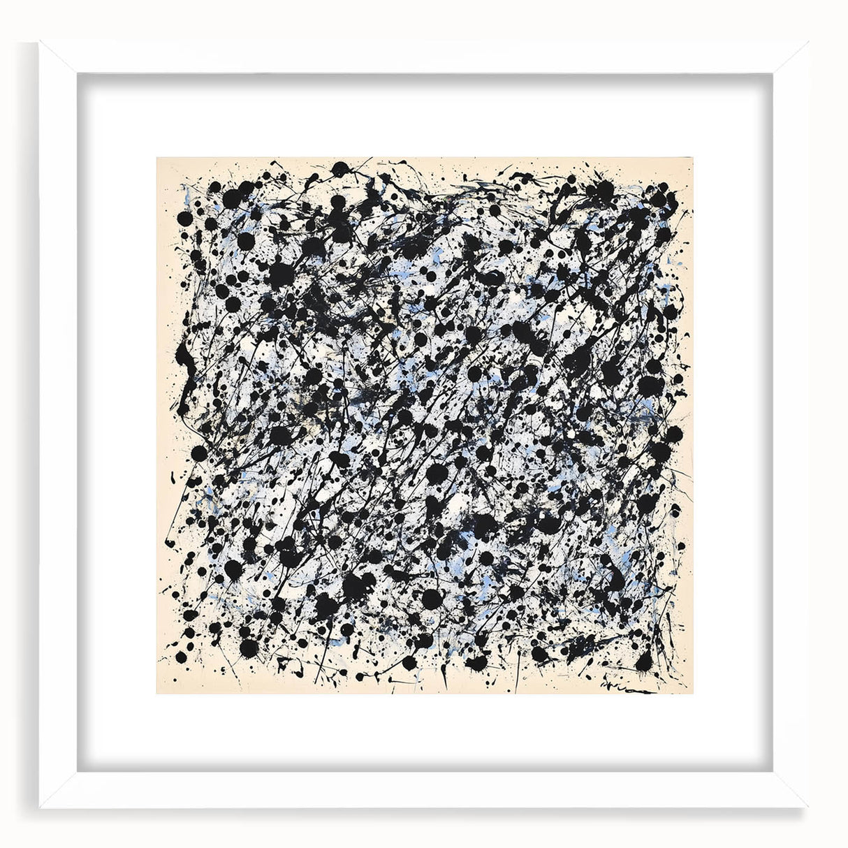Abstract splatter art frame with a white mat, showcasing vibrant colors and dynamic patterns, perfect for modern home decor or office interiors.