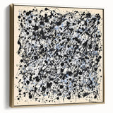 Framed abstract art piece showcasing silver and gold splatters on a textured canvas, ideal for modern home decor. Perfect for enhancing living spaces with a contemporary touch.