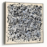 Framed canvas artwork showcasing abstract splatters in vibrant colors, accented with a stylish silver frame, ideal for modern home decor and artistic displays.