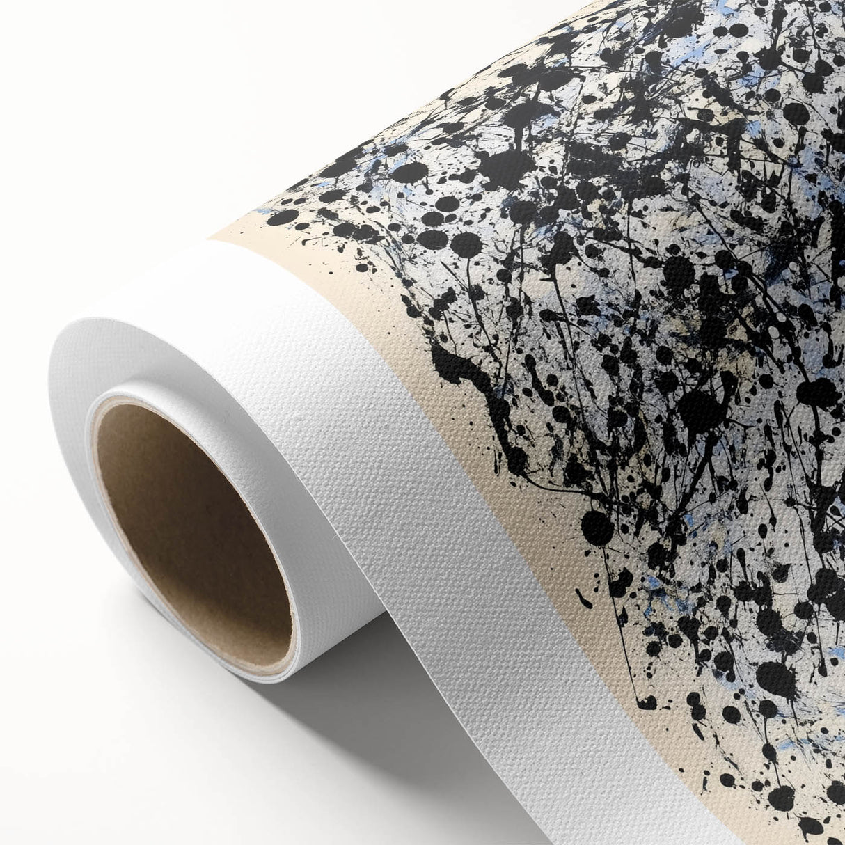 Abstract splatter art design on rolled canvas showcasing vibrant colors and dynamic patterns, ideal for modern home decor. Packaged securely in a cardboard tube for delivery.