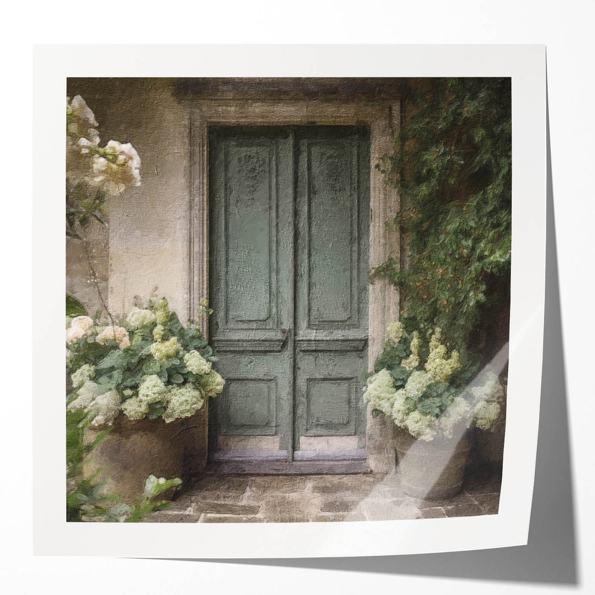 Large floral art on glossy photo print, depicting vibrant flowers, ideal for dining room wall décor.