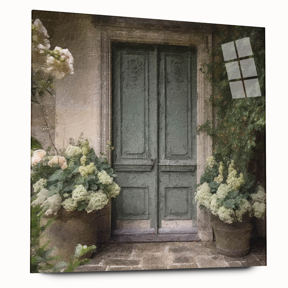 Large abstract wall art on acrylic glass depicting a French door design in neutral tones.
