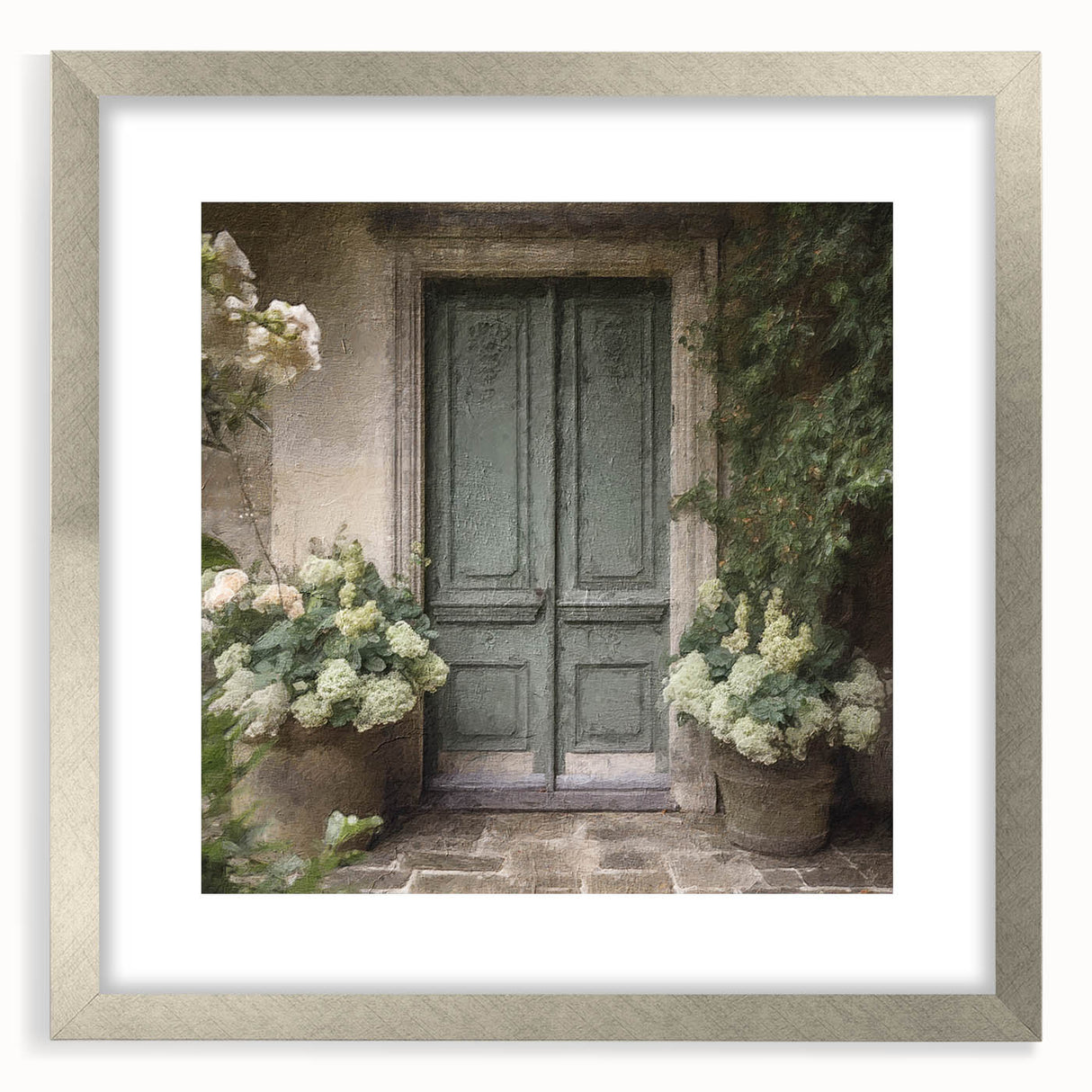 Textured abstract art print featuring a silver-framed door design with a mat, in muted gray and blue tones.