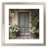 Textured abstract art print featuring a silver-framed door design with a mat, in muted gray and blue tones.