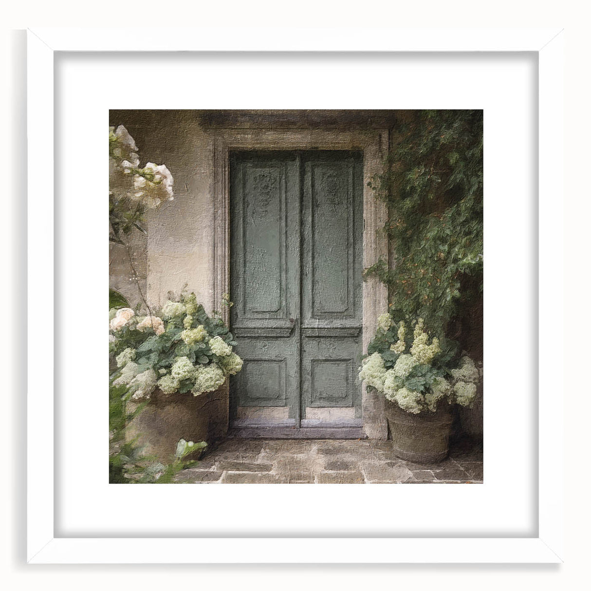 Abstract art print of a stylized French door in muted gray and white, framed with a white mat.