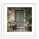 Abstract art print of a stylized French door in muted gray and white, framed with a white mat.