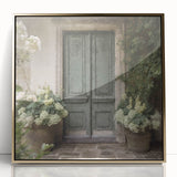 Mid-century modernist large art print of a gold French door on framed acrylic, suitable for modern art wall decor.