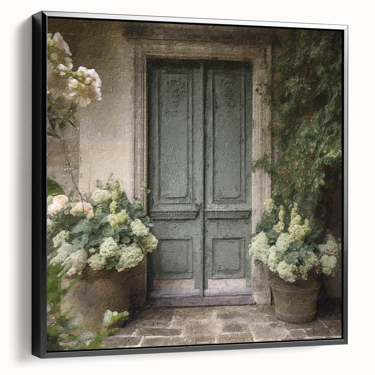 Black and white framed canvas featuring a vintage poster art style landscape with an architectural door design.