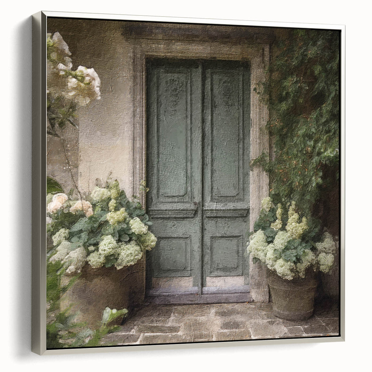 Landscape art painting of a colorful French door, vintage poster style, on black framed canvas, ideal for living room decor.