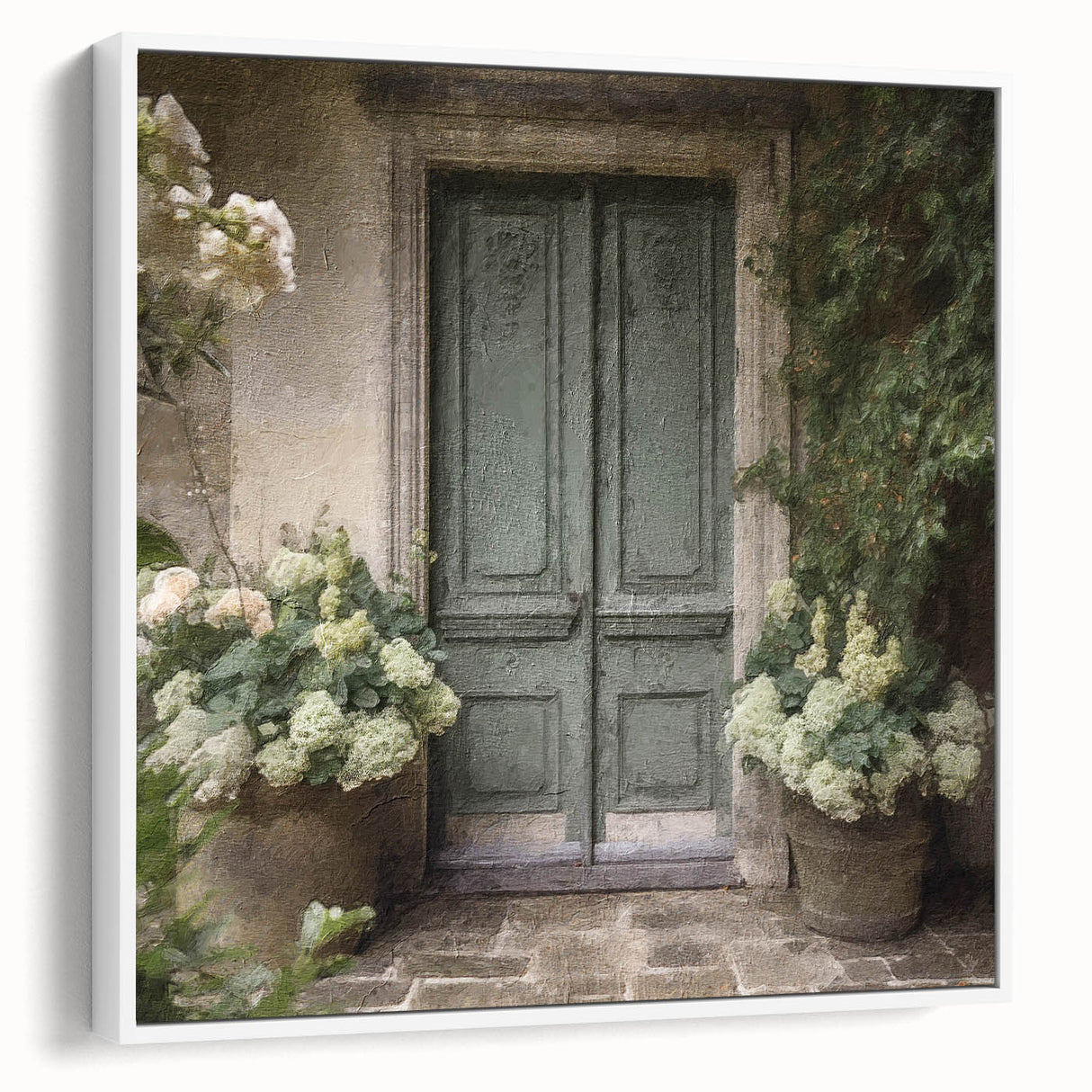 Vintage poster art of a French door design on a framed canvas, with a black and colorful palette.