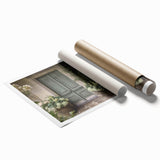 Extra large rolled print of a detailed floral art on a French door design.