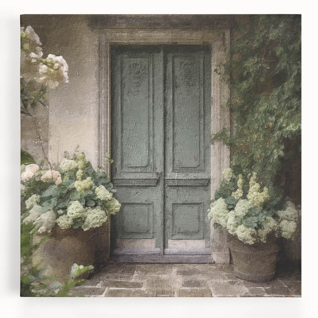 Black and white photograph of a French door design on stretched canvas, suitable for kitchen wall art.