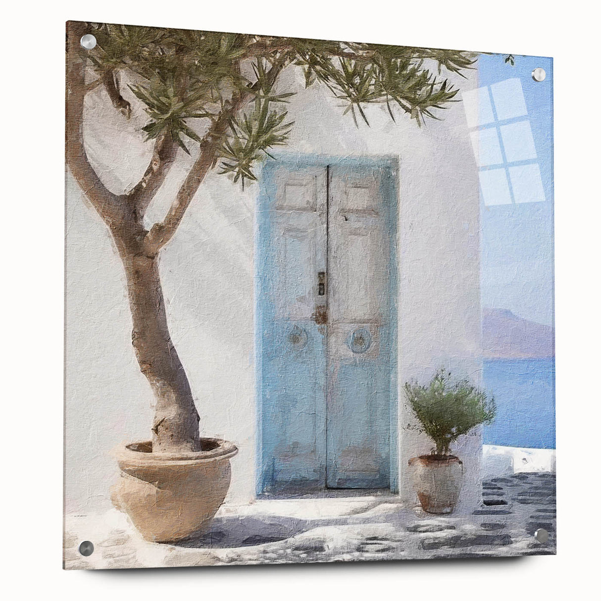 Acrylic print of a Greek door design in neutral tones, suitable for bedroom or dining room decor.