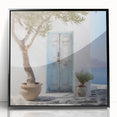 Large abstract wall art featuring a mid-century modernist style Greek door design in black and white on a framed acrylic…